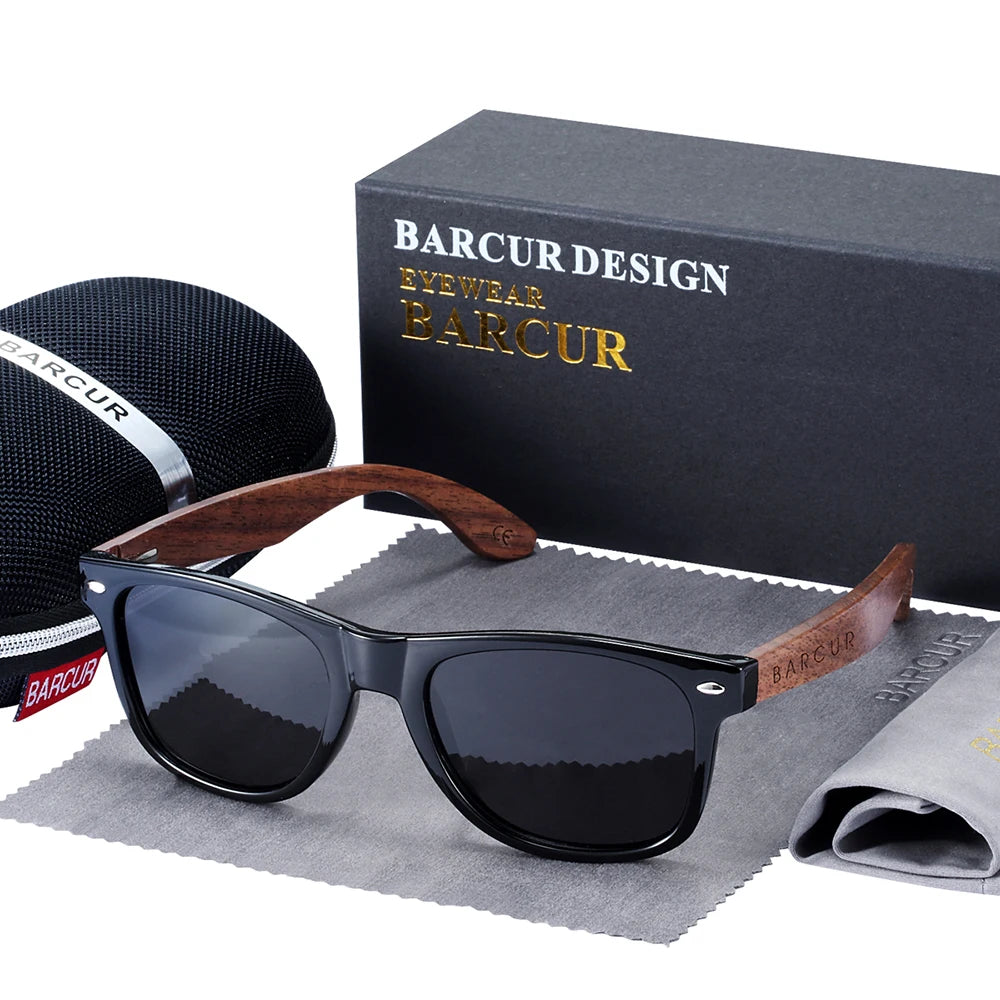 BARCUR Black Walnut Wood Sunglasses for Man Polarized High Quality Sqare Sun Glasses Men UV400 Eyewear Accessory Original Box