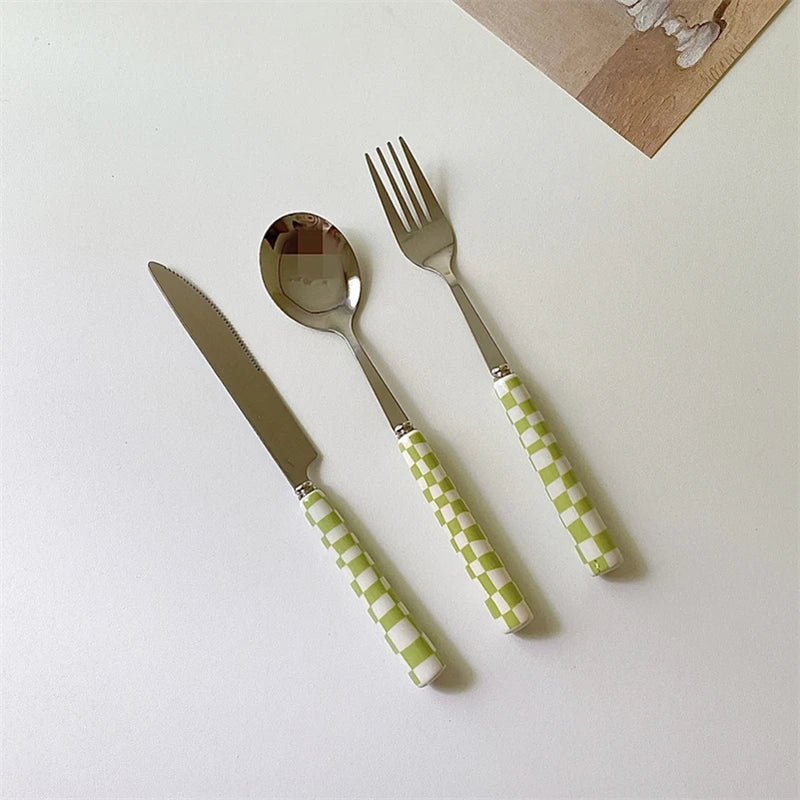 Ins Style Dessert Steak Stainless Steel Knife Fork Spoon Kitchen Dinnerware Checkerboard Lattice Glossy Ceramic Handle 3pcs/set