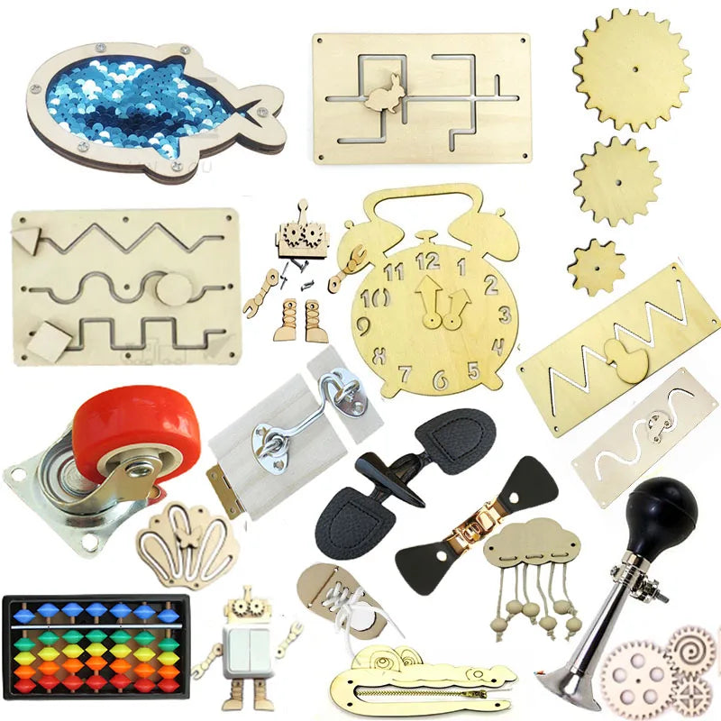 Montessori Busy Board Accessories Wood DIY Toy Material Education Activity Board Parts Toys For Children Basic Skills Learning