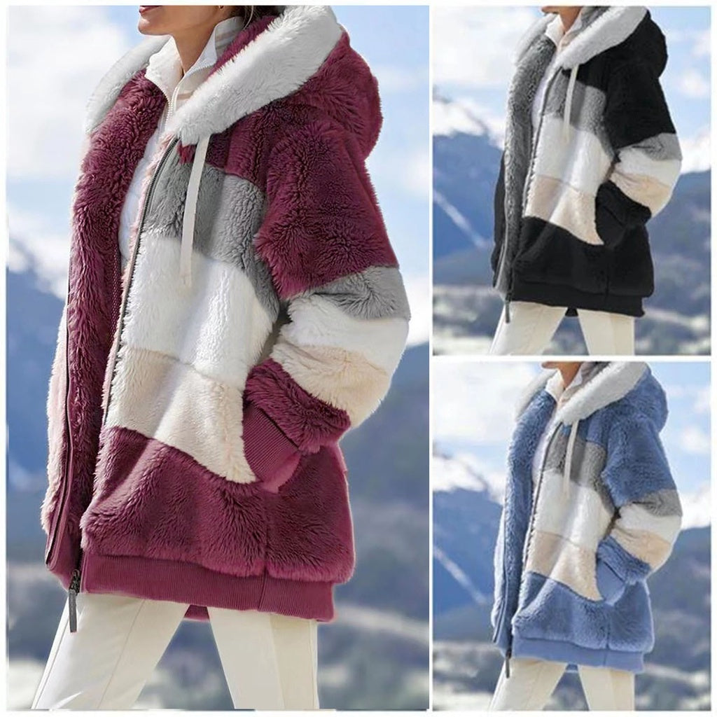 Women Fall Winter Warm Plush Hooded Coat Contrast Color Long Sleeve Zip Up Thick Cardigan Jacket 2021 E-Girls Streetwear Outwear