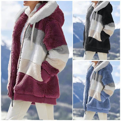 Women Fall Winter Warm Plush Hooded Coat Contrast Color Long Sleeve Zip Up Thick Cardigan Jacket 2021 E-Girls Streetwear Outwear