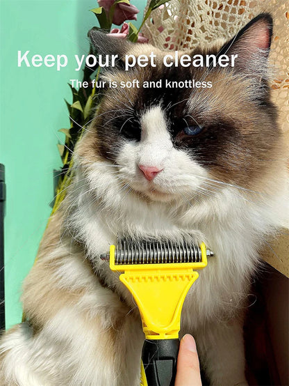 Cepillo de aseo de acero inoxidable para mascotas, de dos caras, para quitar el pelo suelto y desenredar la capa interna, peine rastrillo para perros y gatos, elimina nudos y enredos fácilmente.