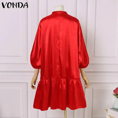 Plus Size 5XL VONDA 2024 Summer Dress Bohemian Women Short Lantern Sleeve Satin Mini Vestido V Neck Solid Elegant Party Sundress
