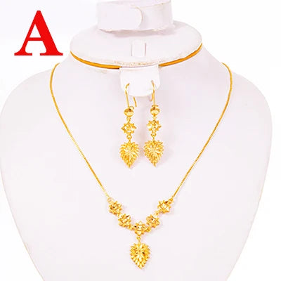 Dubai Jewelry Sets for Women 18k Gold Color Love Ethiopian African Heart Necklace Earrings Sets Arab Bridal Dowry Jewelry
