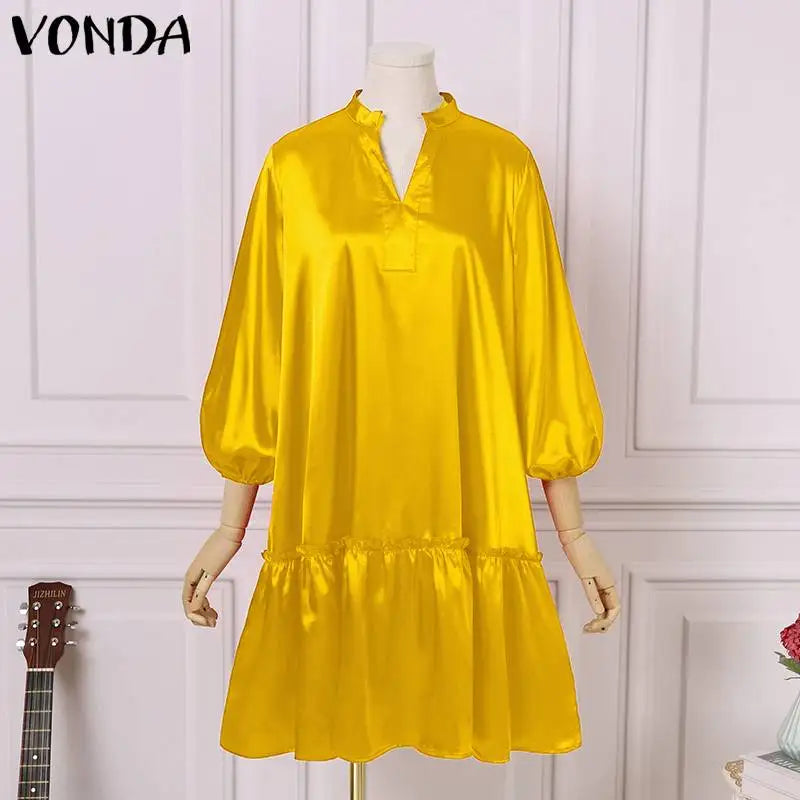Plus Size 5XL VONDA 2024 Summer Dress Bohemian Women Short Lantern Sleeve Satin Mini Vestido V Neck Solid Elegant Party Sundress