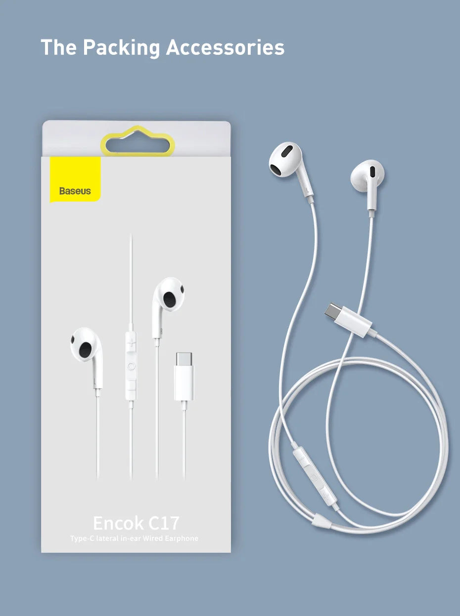 Baseus C17 Wired Earphone Type-C with Mic in-ear Wired Headphones For Xiaomi Samsung  NOTE 10 NOTE 20 S21 S20 Cellphone Headsets