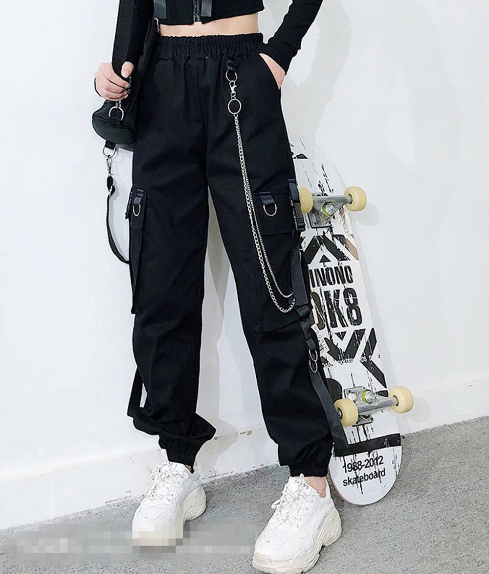 Pantalones cargo para mujer 2023, pantalones harén de moda con bolsillos punk, pantalones deportivos con cadena, elásticos Harajuku, cintura alta, ropa de calle.