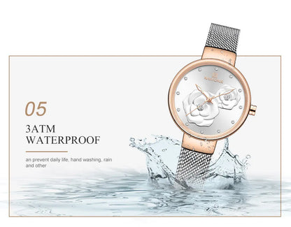 Reloj para mujer NAVIFORCE, marca de lujo superior, malla de acero, resistente al agua, relojes para mujer, reloj de pulsera femenino de cuarzo con flores, reloj encantador para chica.