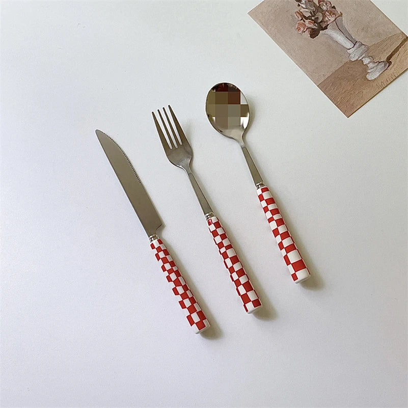 Ins Style Dessert Steak Stainless Steel Knife Fork Spoon Kitchen Dinnerware Checkerboard Lattice Glossy Ceramic Handle 3pcs/set