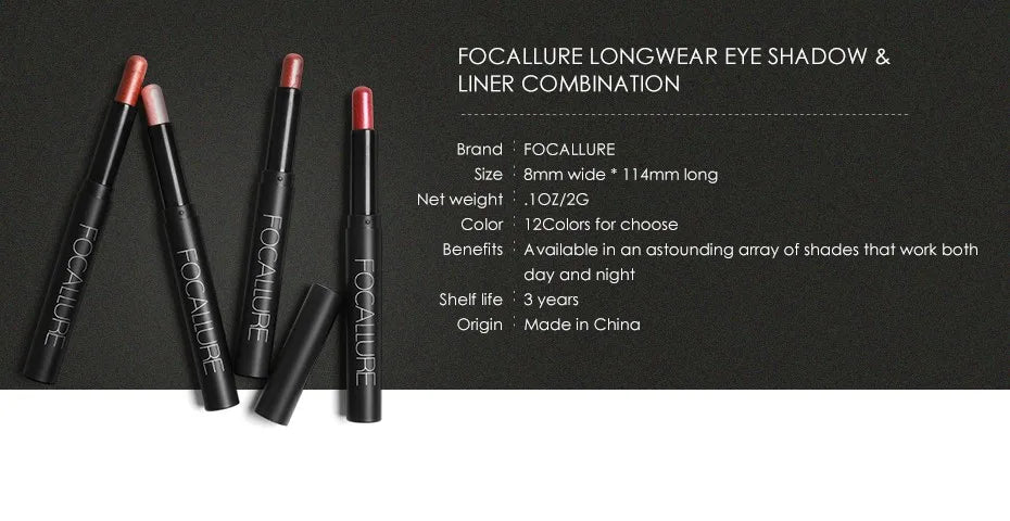 FOCALLURE Lápiz de sombra de ojos perlado de 24 colores, resistente al agua, con brillo, pigmento brillante, delineador en barra, herramientas de maquillaje