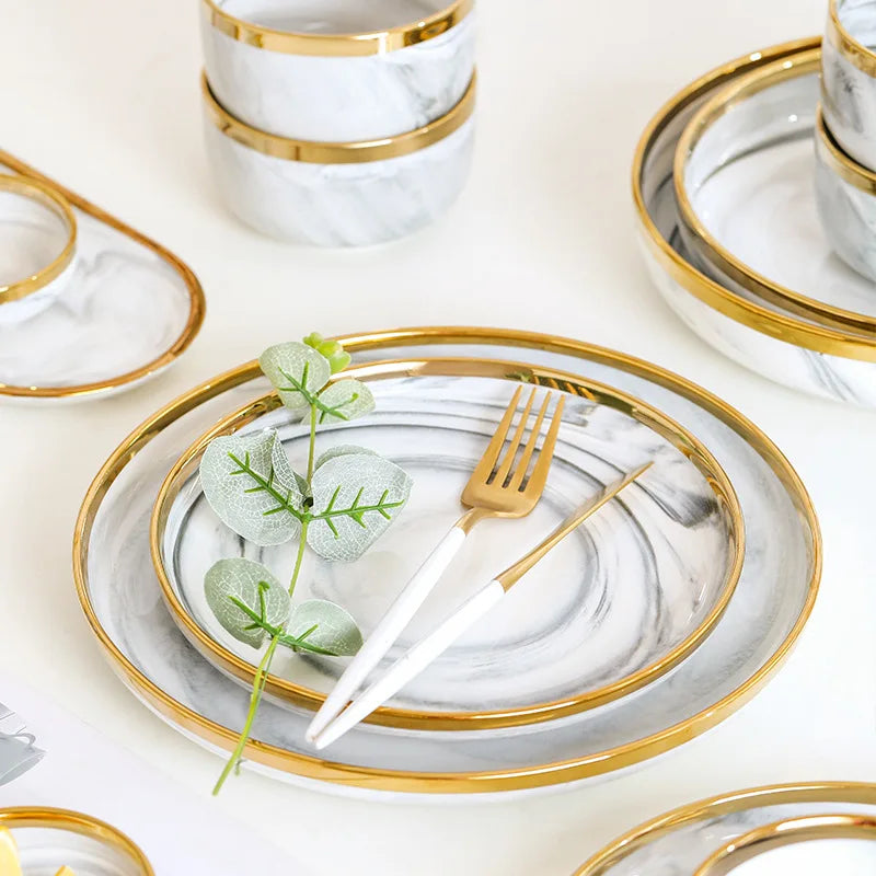 New Double-sided Gilt Rim Gray Marble Pattern Gilt Rim Porcelain Dinner Plate Set  Salad Noodles Bowl Ceramic Tableware
