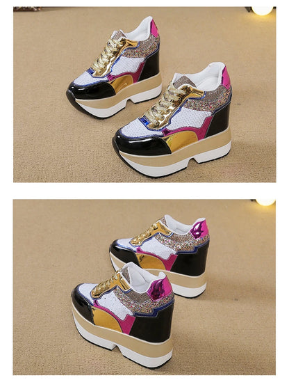 Fashion White Sneakers Women's High Platform Casual Shoes Height Increasi Leathe Shoes 10 CM Thick Sole Trainers Tennis Sports