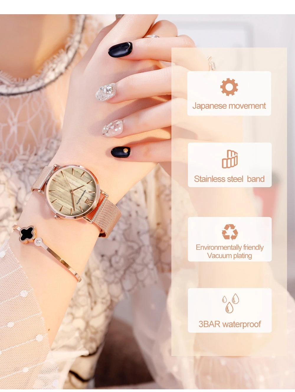 HANNAH MARTIN Women Watch Nordic Minimalist Japan Quartz Movement 3Bar Waterproof Women 36mm Full Rose Gold Dropshipping Watches
