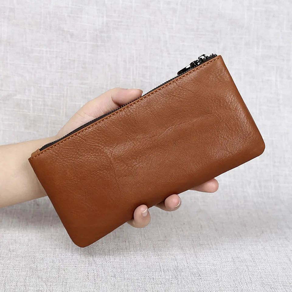 ZRCX Men's Genuine Leather Long Zipper Wallet First Layer Cowhide Youth Ultra-Thin Handbag Wallet Trendy Brand Simple Wallet