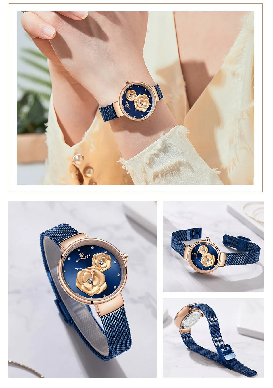 Reloj para mujer NAVIFORCE, marca de lujo superior, malla de acero, resistente al agua, relojes para mujer, reloj de pulsera femenino de cuarzo con flores, reloj encantador para chica.