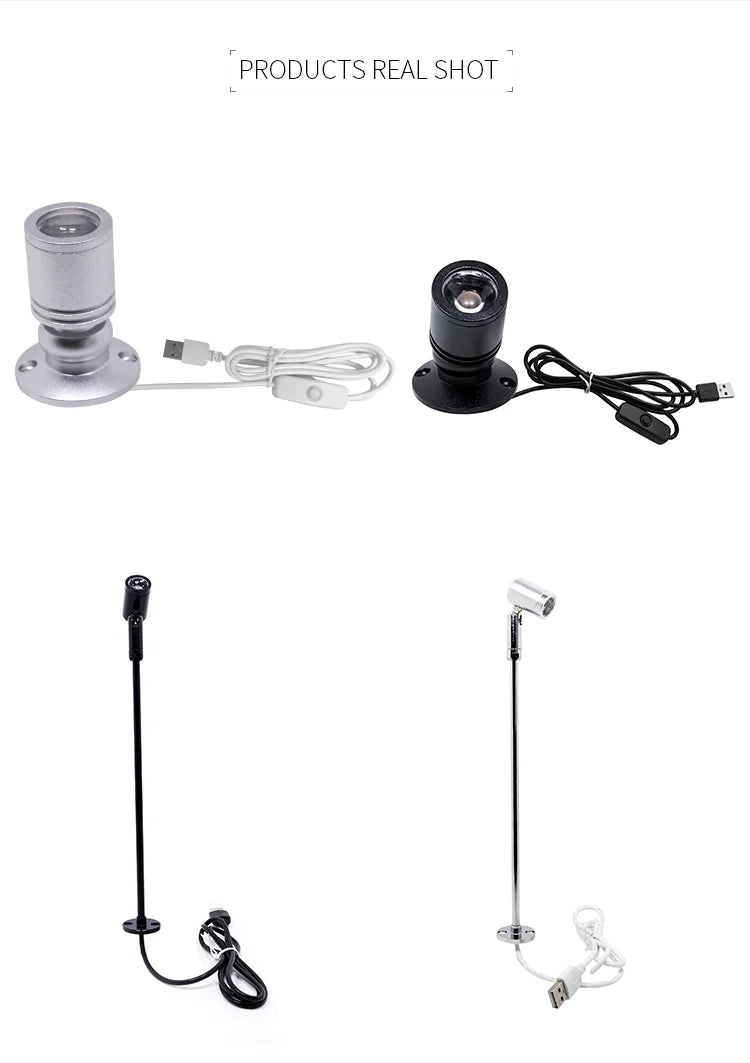 Mini foco LED de 1 W/3 W para exhibición de joyas, DC5V, con interruptor, interfaz USB, para tienda, armario, juguetes de interior, decoración, foco de mesa. 