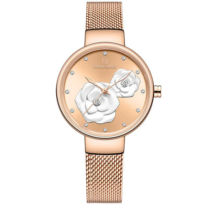 Reloj para mujer NAVIFORCE, marca de lujo superior, malla de acero, resistente al agua, relojes para mujer, reloj de pulsera femenino de cuarzo con flores, reloj encantador para chica.