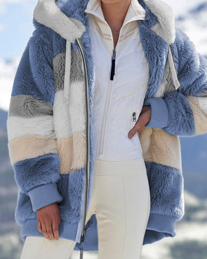 Women Fall Winter Warm Plush Hooded Coat Contrast Color Long Sleeve Zip Up Thick Cardigan Jacket 2021 E-Girls Streetwear Outwear