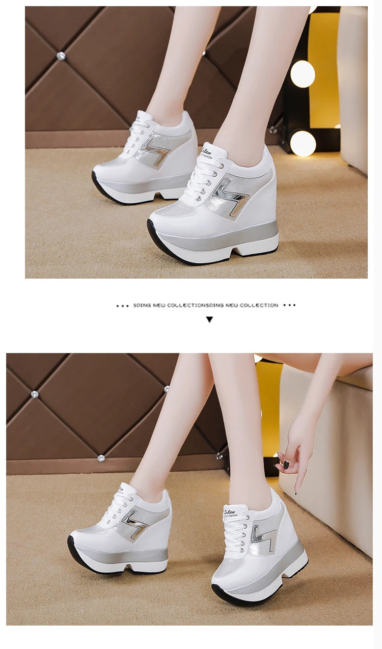 Fashion White Sneakers Women's High Platform Casual Shoes Height Increasing Leather Shoes 10 CM Thick Sole Trainers Tennis Sports