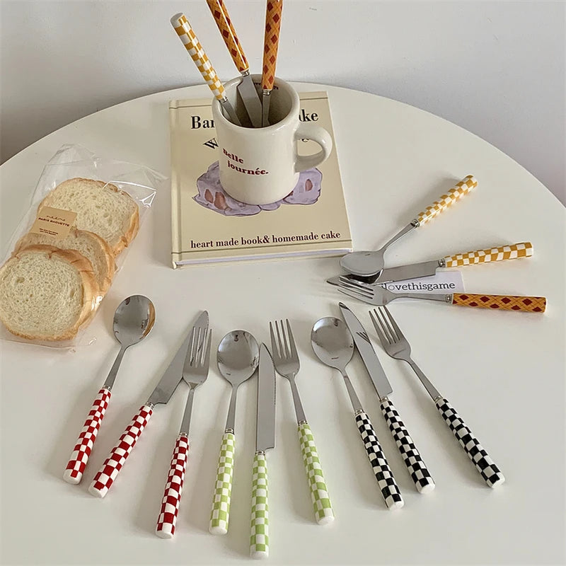 Ins Style Dessert Steak Stainless Steel Knife Fork Spoon Kitchen Dinnerware Checkerboard Lattice Glossy Ceramic Handle 3pcs/set
