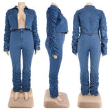Plus Size Women's Two Piece Set Fall Outfits Long Sleeve Denim Coat and Jeans Stacked Pant Dropshipping Wholesale