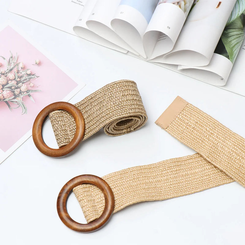 1PC Women Fashion Casual Straw Belt Round Wooden Buckle Elastic Waist Chain Belly Necklace Body Jewelry Dress Shirt Accessories