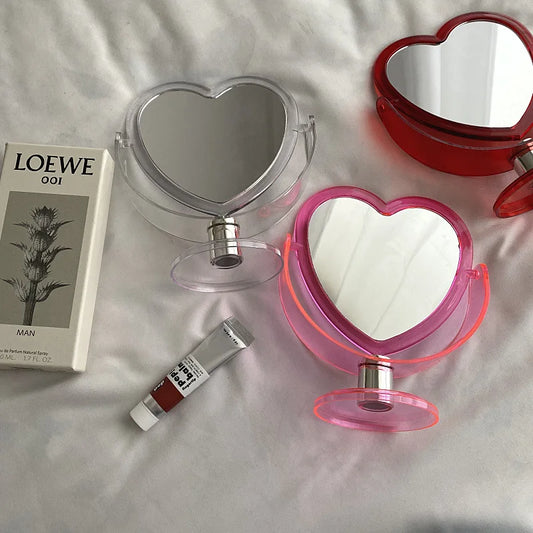 Espejo cosmético de acrílico transparente con forma de corazón, estilo coreano, de doble cara, para el hogar, el dormitorio y el escritorio.