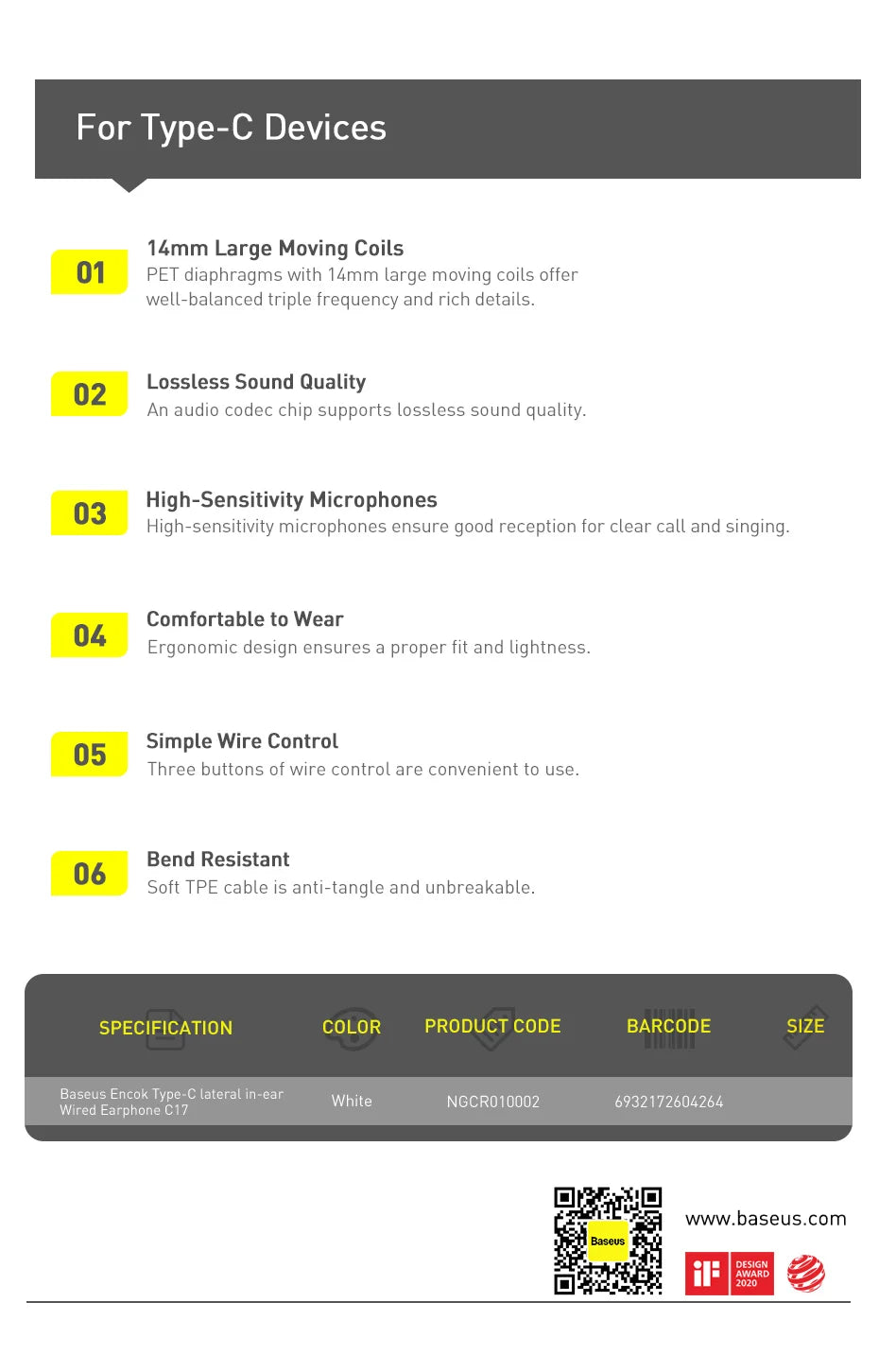 Baseus C17 Wired Earphone Type-C with Mic in-ear Wired Headphones For Xiaomi Samsung  NOTE 10 NOTE 20 S21 S20 Cellphone Headsets