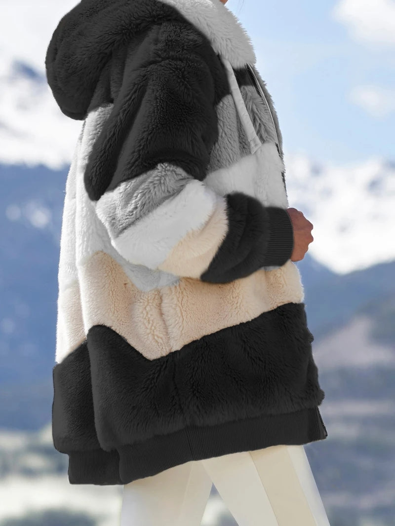 Women Fall Winter Warm Plush Hooded Coat Contrast Color Long Sleeve Zip Up Thick Cardigan Jacket 2021 E-Girls Streetwear Outwear