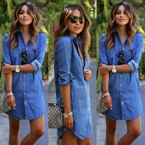 Venta directa de fábrica de vestidos vaqueros de mezclilla para mujer, vestidos casuales de manga larga con botones para verano