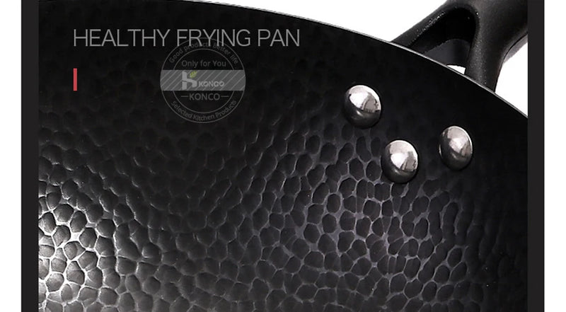 Konco Pure Iron wok cast iron pan Non-coated Pot General use for Gas and Induction Cooker 32cm Chinese Wok Cookware Pan