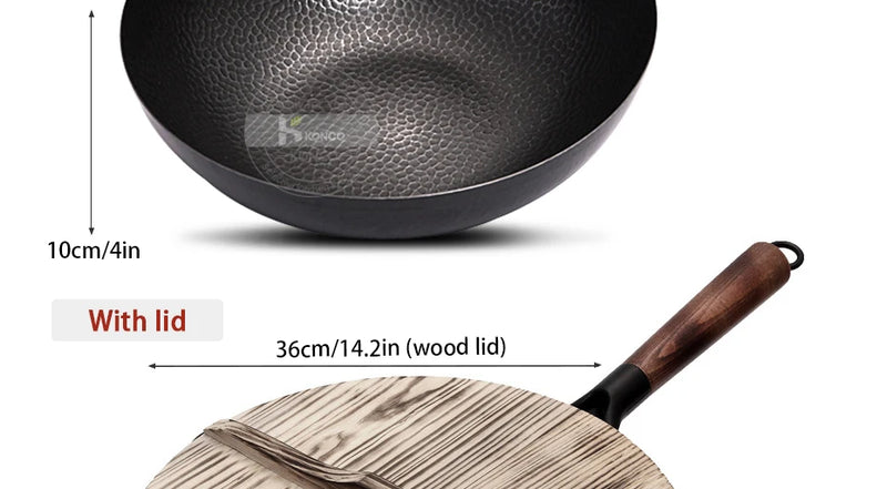 Konco Pure Iron wok cast iron pan Non-coated Pot General use for Gas and Induction Cooker 32cm Chinese Wok Cookware Pan