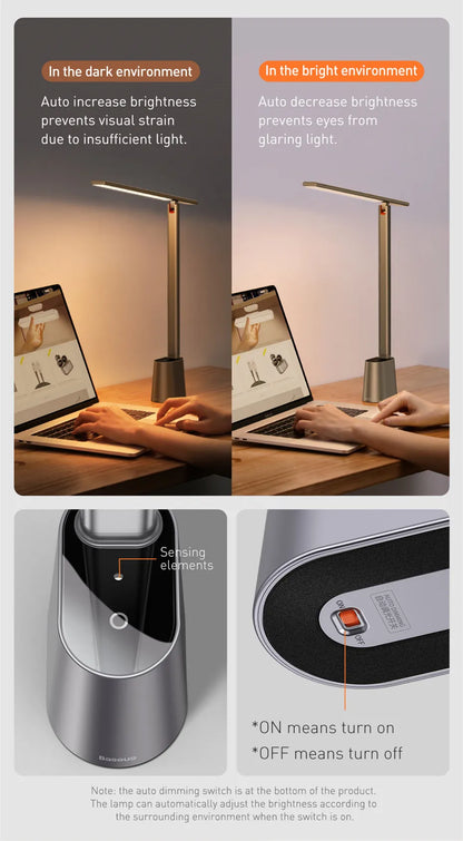 Baseus LED Desk Lamp Eye Protection Study Dimmable Office Light Foldable Table Lamp Smart Adaptive Brightness Bedside Read Lamp