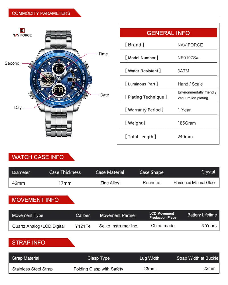 NAVIFORCE Top Brand Luxury Classic Men's Watch Quartz Digital Male Clock Military Sport Silver Stainless Steel Man Wristwatch 9197