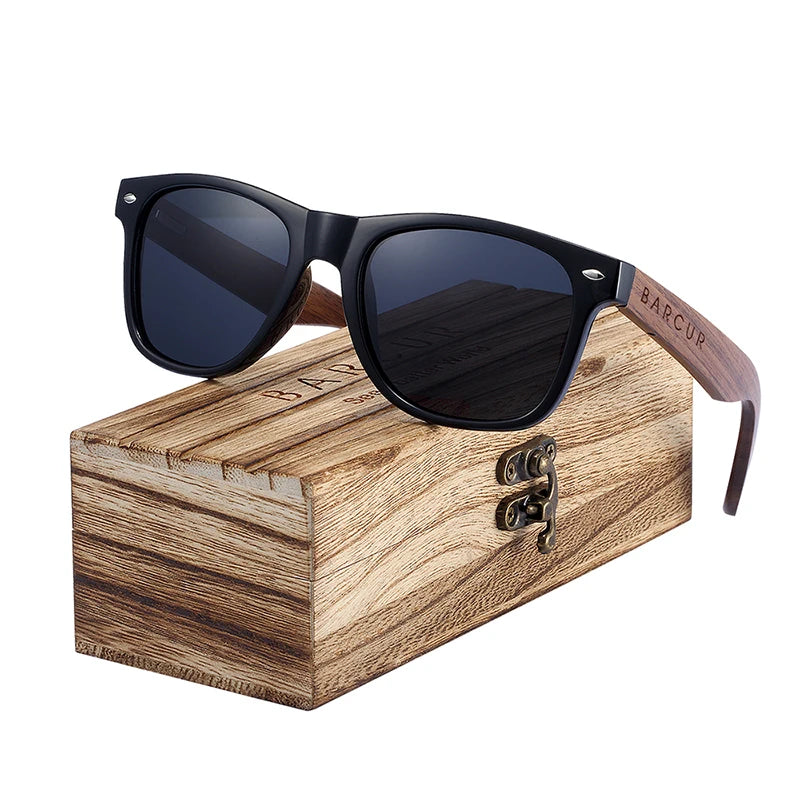 BARCUR Black Walnut Wood Sunglasses for Man Polarized High Quality Sqare Sun Glasses Men UV400 Eyewear Accessory Original Box