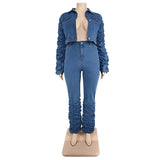 Plus Size Women's Two Piece Set Fall Outfits Long Sleeve Denim Coat and Jeans Stacked Pant Dropshipping Wholesale
