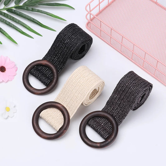 1PC Women Fashion Casual Straw Belt Round Wooden Buckle Elastic Waist Chain Belly Necklace Body Jewelry Dress Shirt Accessories