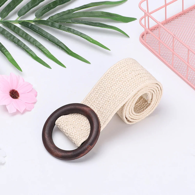 1PC Women Fashion Casual Straw Belt Round Wooden Buckle Elastic Waist Chain Belly Necklace Body Jewelry Dress Shirt Accessories
