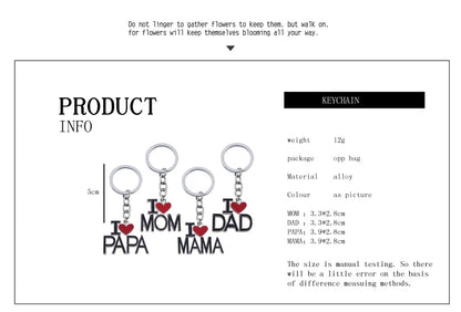 Llavero con letras huecas "Amo a mamá, mamá, papá y papá" para mujeres y hombres, joyería, mochila, llavero, regalos para el Día del Padre y el Día de la Madre.