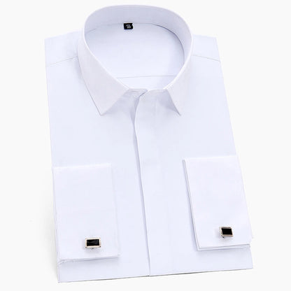 Camisa de vestir clásica para hombre, color liso, con puños franceses, cierre frontal, estilo formal, de negocios, corte estándar, manga larga, para oficina y trabajo, color blanco