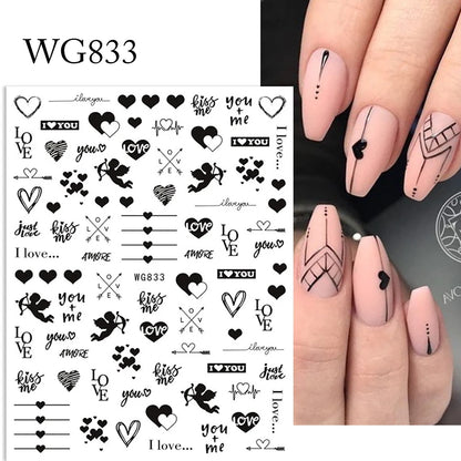 1Sheet 3D Red Heart Laser Nail Sticker Black Letter Star Line Self-Adhesive Slider Valentine's Day Series Nail Decals Decoration