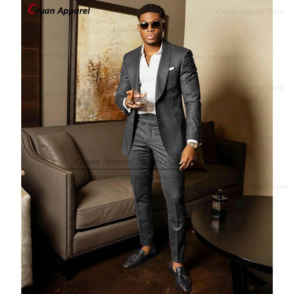 Blue Shawl Lapel Suit Male 2 Pieces Tailored Groom Wedding Suits Tuxedo Best Man Blazer Pants Trendy Fashion Marriage Costume