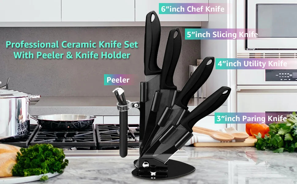 Ceramic Knife Set 3 4 5 6 inch Kitchen Knife + Peeler Holder Black White Blade Chef Knife Fruits Utility Cooking Knives Cutter