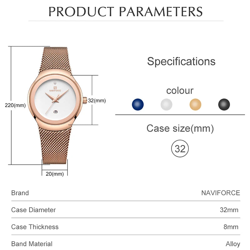 NAVIFORCE Reloj de Moda para Mujer, Relojes de Cuarzo para Mujer, Reloj de Pulsera Impermeable de Acero Inoxidable, Reloj Simple para Niña, Reloj Femenino