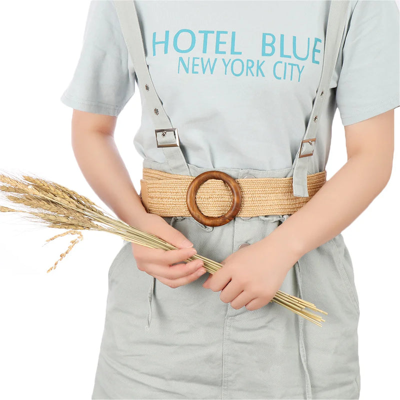 1PC Women Fashion Casual Straw Belt Round Wooden Buckle Elastic Waist Chain Belly Necklace Body Jewelry Dress Shirt Accessories