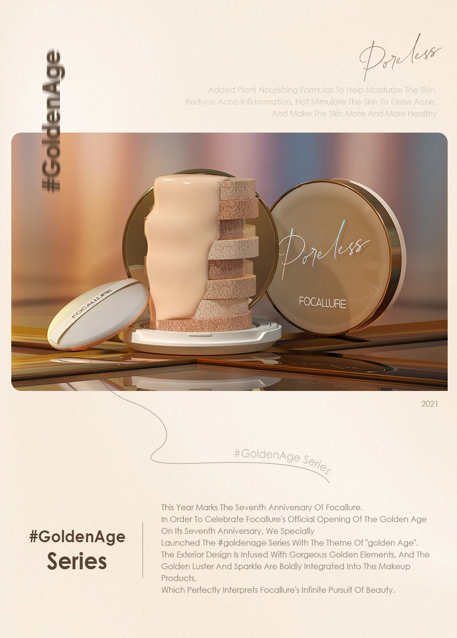 FOCALLURE Air Cushion Poreless BB Cream Resistente al agua Corrector facial iluminador de larga duración Base mate Cosméticos con borla