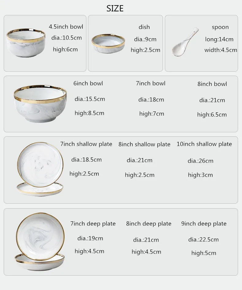 New Double-sided Gilt Rim Gray Marble Pattern Gilt Rim Porcelain Dinner Plate Set  Salad Noodles Bowl Ceramic Tableware