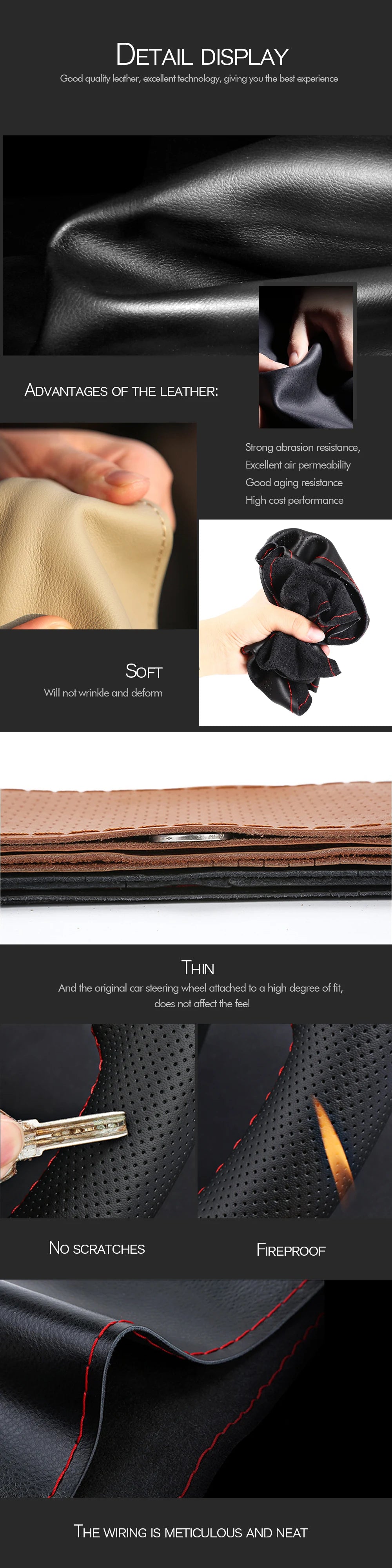 38cm 15inch Car Steering Wheel Braid Cover Artificial leather Needles And Thread Soft Non-slip Auto Interior Accessories Kits