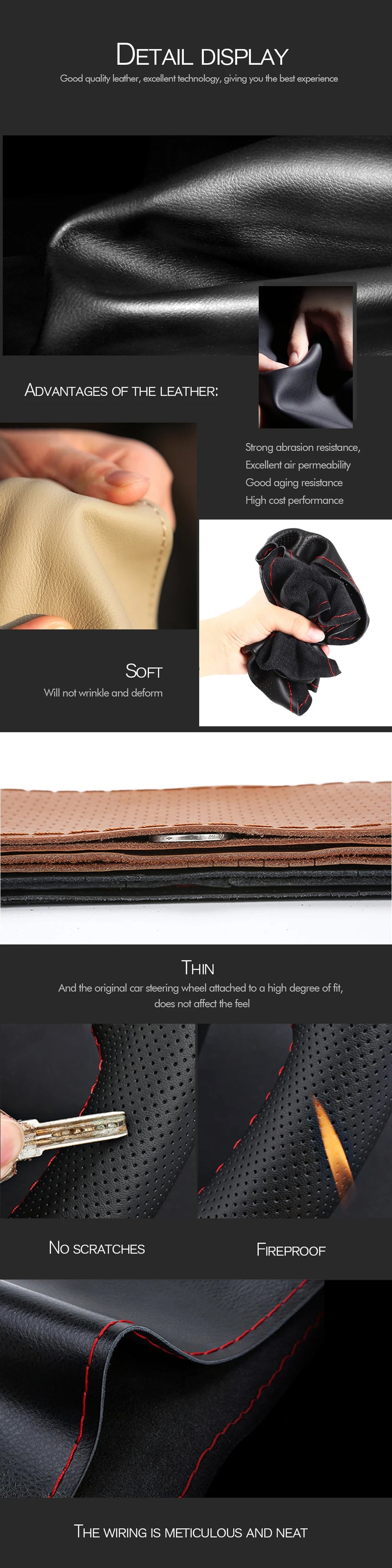 38cm 15inch Car Steering Wheel Braid Cover Artificial leather Needles And Thread Soft Non-slip Auto Interior Accessories Kits