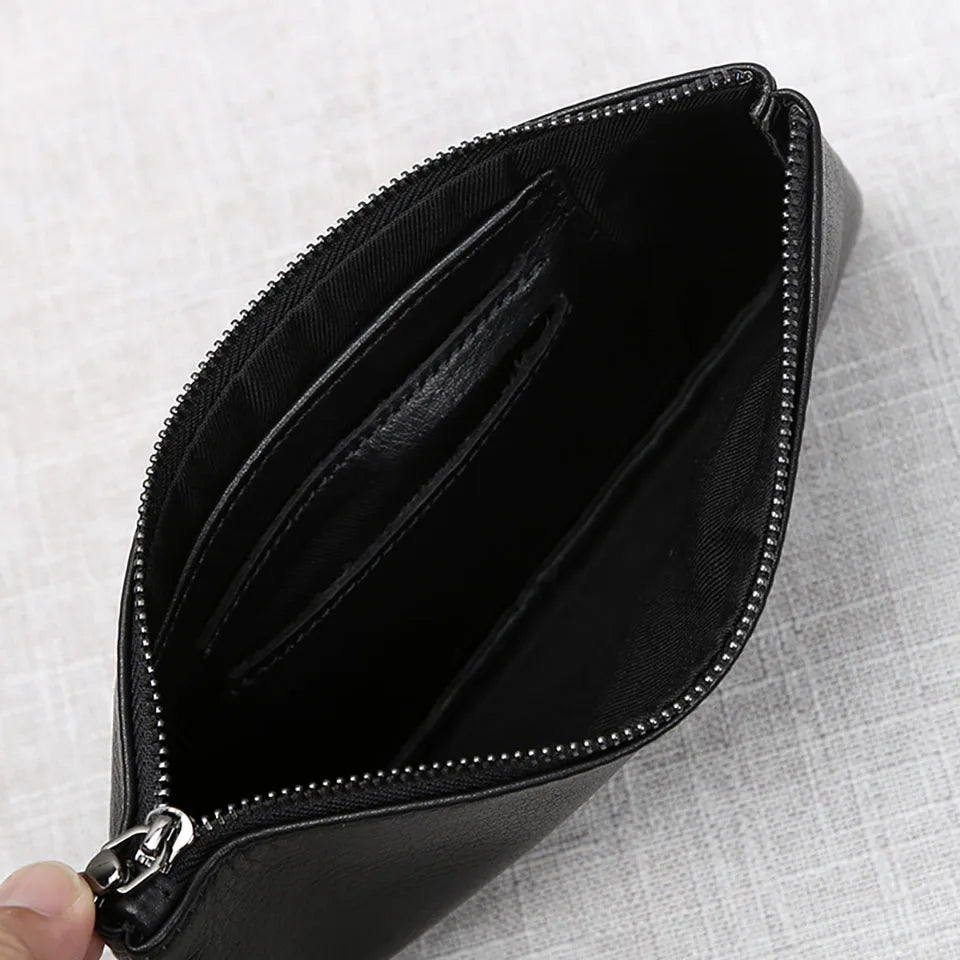 ZRCX Men's Genuine Leather Long Zipper Wallet First Layer Cowhide Youth Ultra-Thin Handbag Wallet Trendy Brand Simple Wallet